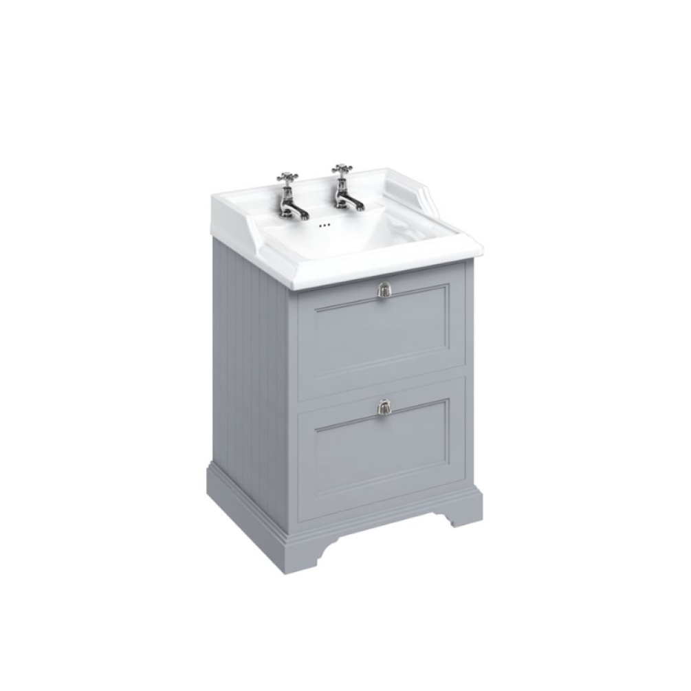 Product Cut out image of the Burlington Classic 650mm Basin & Classic Grey Freestanding Vanity Unit with Drawers with two tap holes